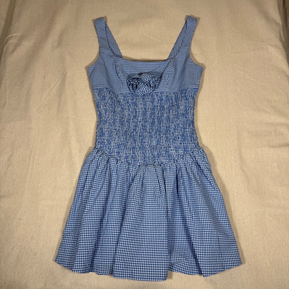 Anthropologie Maeve Blue Gingham Smocked Rosette Mini Dress XS New - Picture 2 of 5